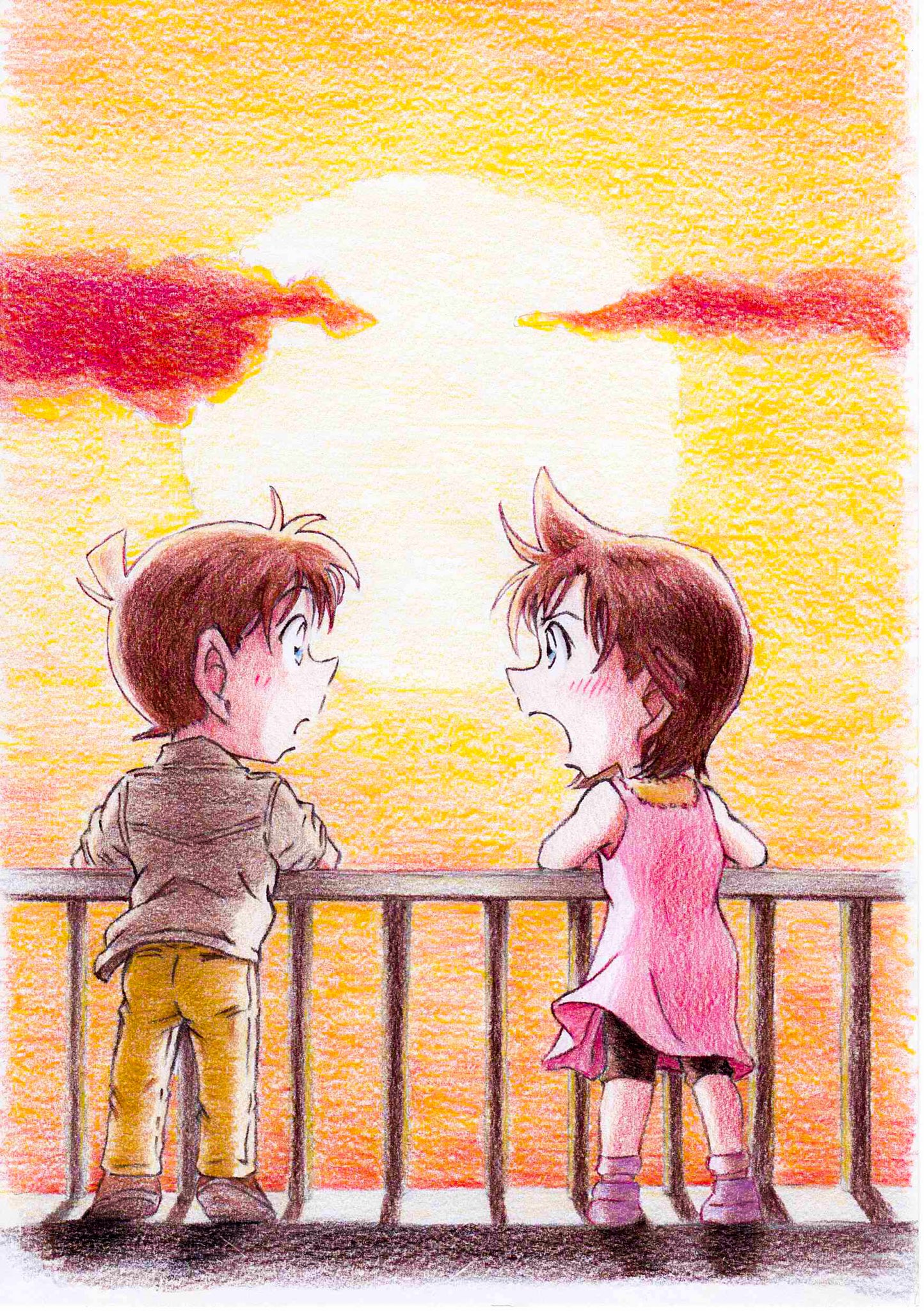 Bj1034 緋弾済み 蘭でいい 蘭のままがいい このシーン 大好きなんです 名探偵コナン 工藤新一 毛利蘭 新蘭 チビ新蘭 工藤新一少年の冒険 色鉛筆 色鉛筆画 色鉛筆イラスト