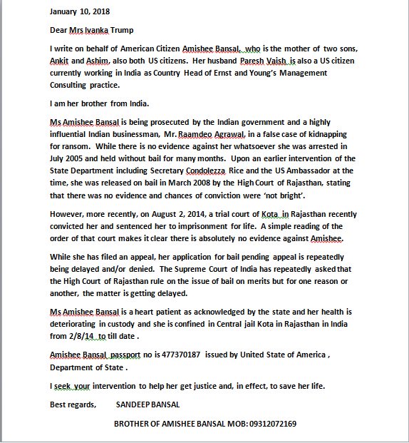sandeepbansal19's tweet image. Urgent plea for help for US Citizen Amishee Bansal ( female ) (Passport No -- 477370187) in distress in Jail in INDIA,   Application  for help is attached . Kindly go through it and help  us save the life of a lady  . PLS  REPLY AS SOON AS POSSIBLE.