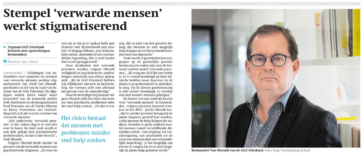 GGZFriesland's tweet photo. De stempel 'verwarde mensen' werkt stigmatiserend, stelt Ton Dhondt (Psychiater en lid van de Raad van Bestuur van GGZ Friesland) vandaag in het Friesch Dagblad. https://t.co/W2osv0Acso