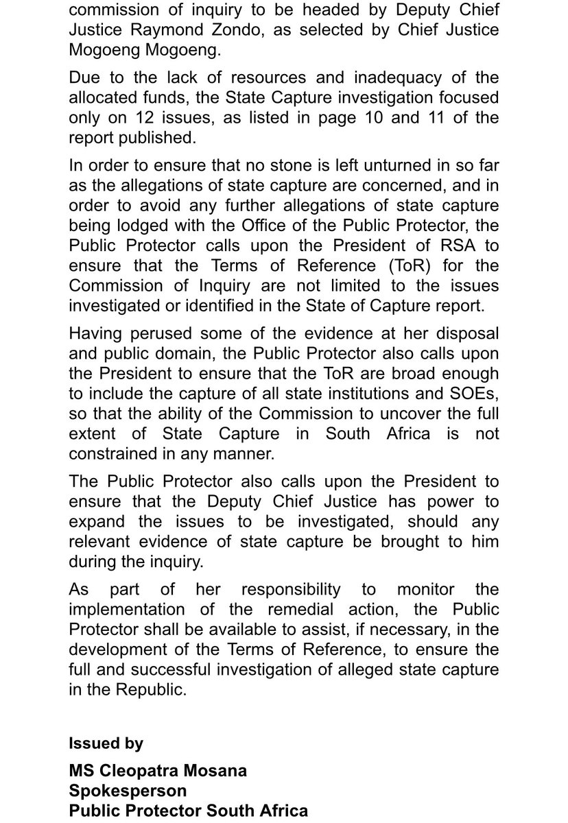 PublicProtector's tweet photo. Media Statement: Public Protector Adv. Busisiwe Mkhwebane welcomes appointment of Commission of Inquiry into #StateCapture https://t.co/YSsmIXL5I7