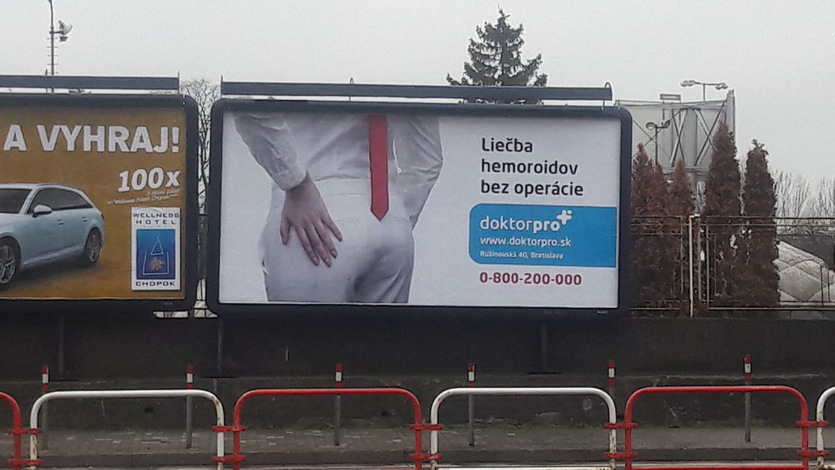 MatejVojtko's tweet photo. @h3h3productions Hey Ethan, remember that "necktie on a wrist" ad? Well, this is an ad for a hemorrhoid treatment in Slovakia. Because HOW ELSE would you know it's a man's ass?! :D https://t.co/xQLLZJZXtz