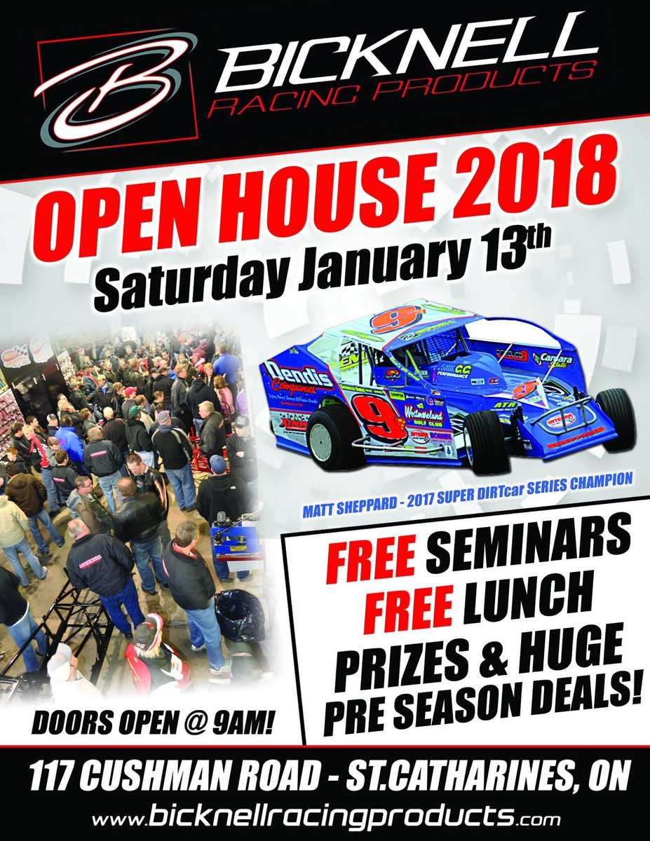 THIS SATURDAY January 13th is our annual Open House at Bicknell Racing Products. Free seminars, free lunch, prizes and HUGE pre-season deals. Doors open at 9am. See everyone there!!