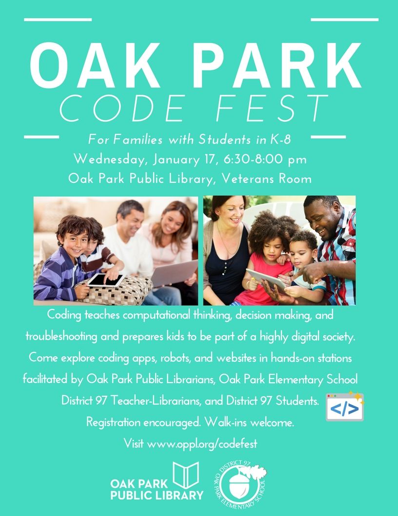OPEduFoundation's tweet photo. Join us 1/17 at @oakparklibrary for CodeFest. Free for all, but registration is encouraged. https://t.co/0nDxsF4KqD