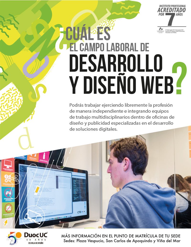 ¿Quieres trabajar de manera independiente? En Desarrollo y Diseño Web en Duoc UC aprenderás las herramientas para trabajar en proyectos utilizando técnicas de arquitectura de información, accesibilidad, códigos, programación y más. +info goo.gl/T84rte