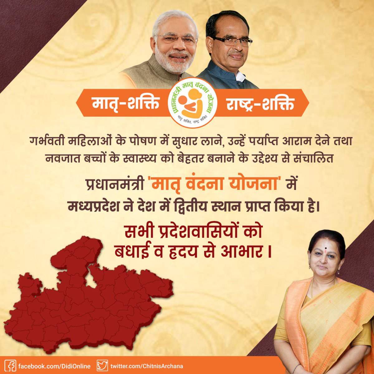 ChitnisArchana's tweet photo. प्रधानमंत्री मातृ वंदना योजना में मध्यप्रदेश भारत में दूसरे स्थान पर
#PMMVY https://t.co/GqqowA2N0t