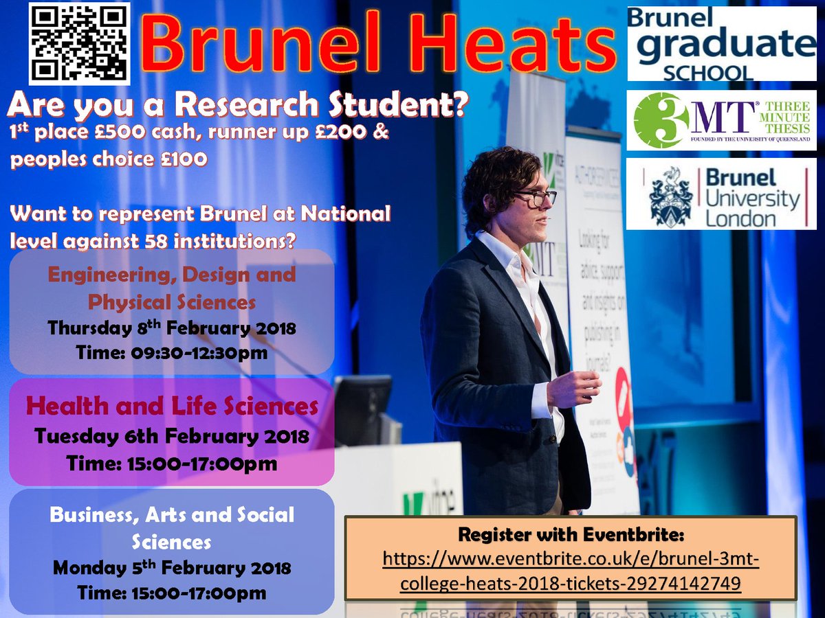 BrunelGradSch's tweet photo. Registration for 3MT Brunel Heats is open! 

Scan the QR code or follow the link to sign up to present your thesis in front of Brunel's students and take a chance to present our university at 3MT to win up to £500! 

https://t.co/foYzTzxvtJ https://t.co/duETbqajGX