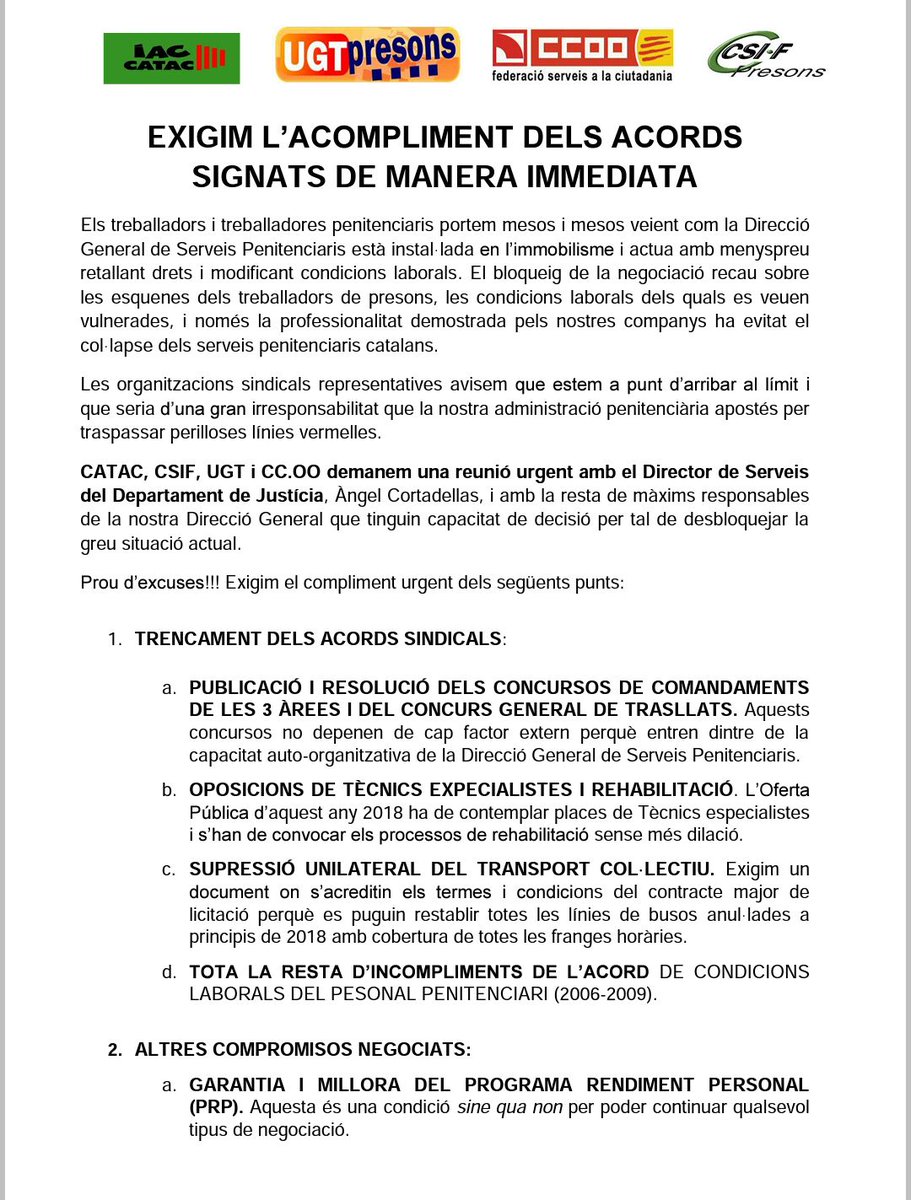 csifautonomic's tweet photo. @csifpresons i la resta de sindicats representatius EXIGIM L'ACOMPLIMENT DELS ACORDS #PROU #RETALLADES ALS #EMPLEATSPUBLICS DE #PRESONS https://t.co/AjLxJLNoBt