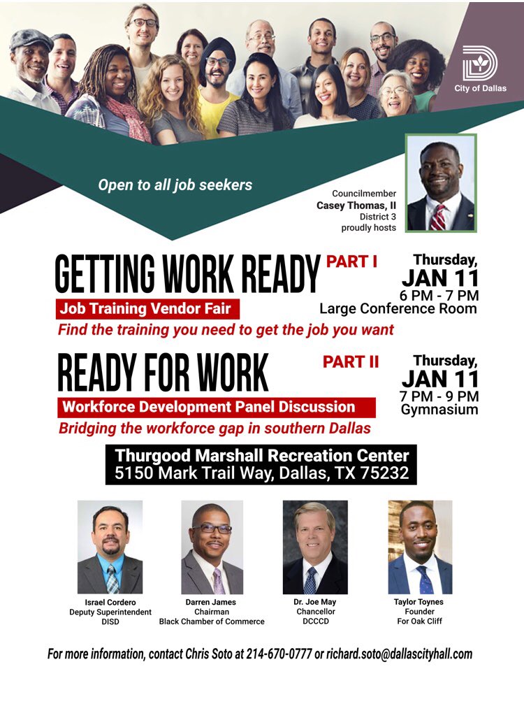 teamthomas2017's tweet photo. The following organizations will be at the job training vendor fair tomorrow night: Serve West Dallas, Transformance, For Oak Cliff, Dev Mountain, Workforce Solutions, Black Chamber of Commerce, Skill Quest, Jones 2000, City Square and WorkReady U. https://t.co/poEJRGhAeM