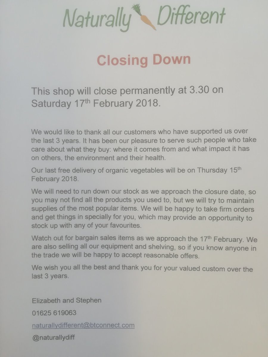 We regret to tell our customers that we will close down on 17th February for good. Please see notice. We hope to see you before we go.