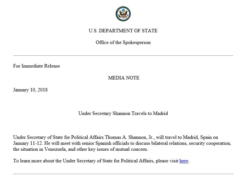 Media Note on Under Secretary Tom Shannon's Travels to Madrid