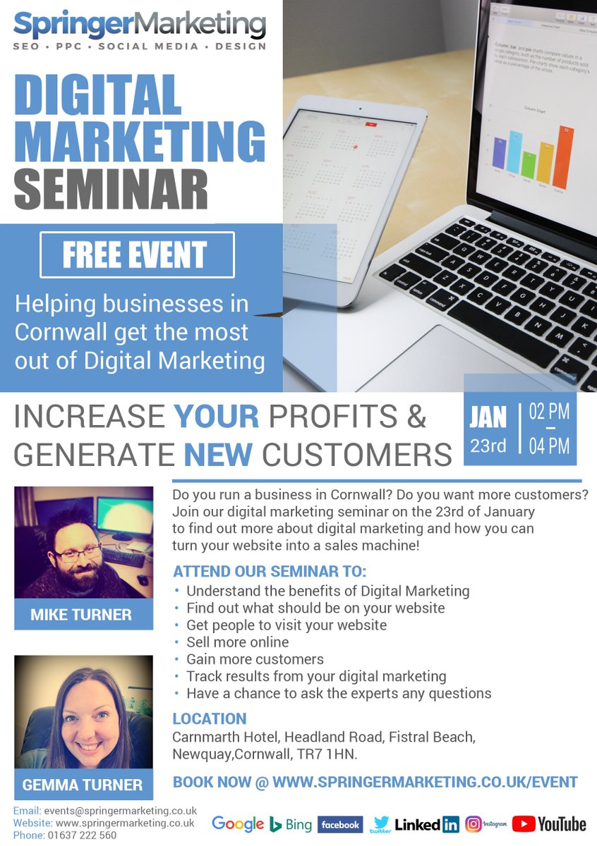 SpringerDigital's tweet photo. FREE Event for Cornwall based Businesses

Want to know how to increase your profits &amp; generate new customers? Who wouldn't?! 

Then join us at our free digital marketing seminar, register today!
https://t.co/gabBehaPhZ
@invest_cornwall @biz_cornwall @GrowthProgramme @NqVoice https://t.co/GpMyoUjwZM