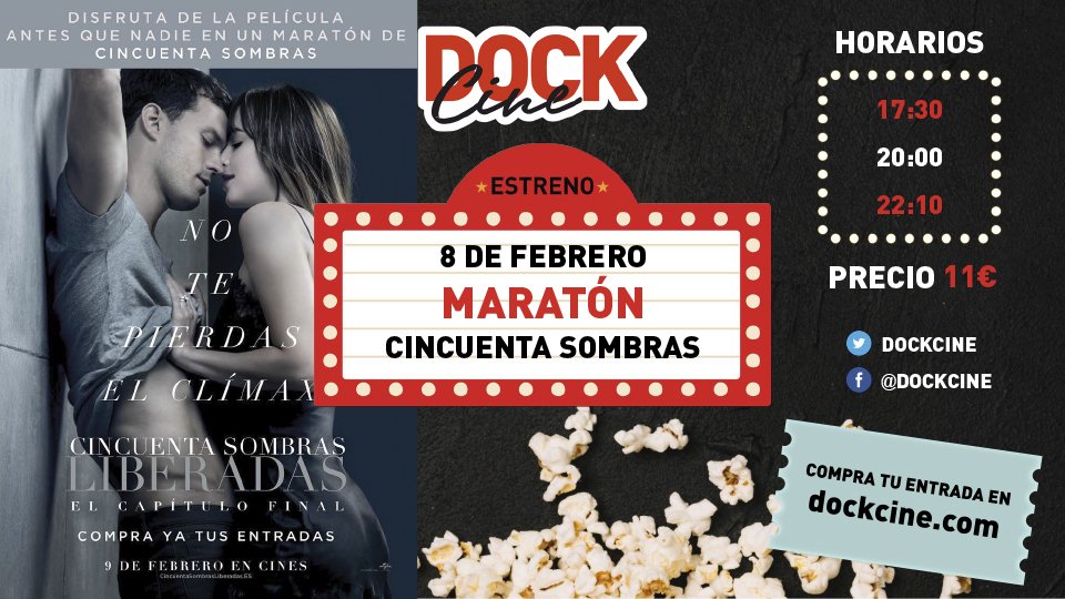 DockCine's tweet photo. Ya tenemos a la venta las entradas para la maratón de #50SombrasLiberadas en @CCBallonti #Portugalete #Bizkaia !!!
El 08 de febrero por 11€, disfruta de la trilogía al completo en salas de cine !!! https://t.co/9xgwEzyyjI
