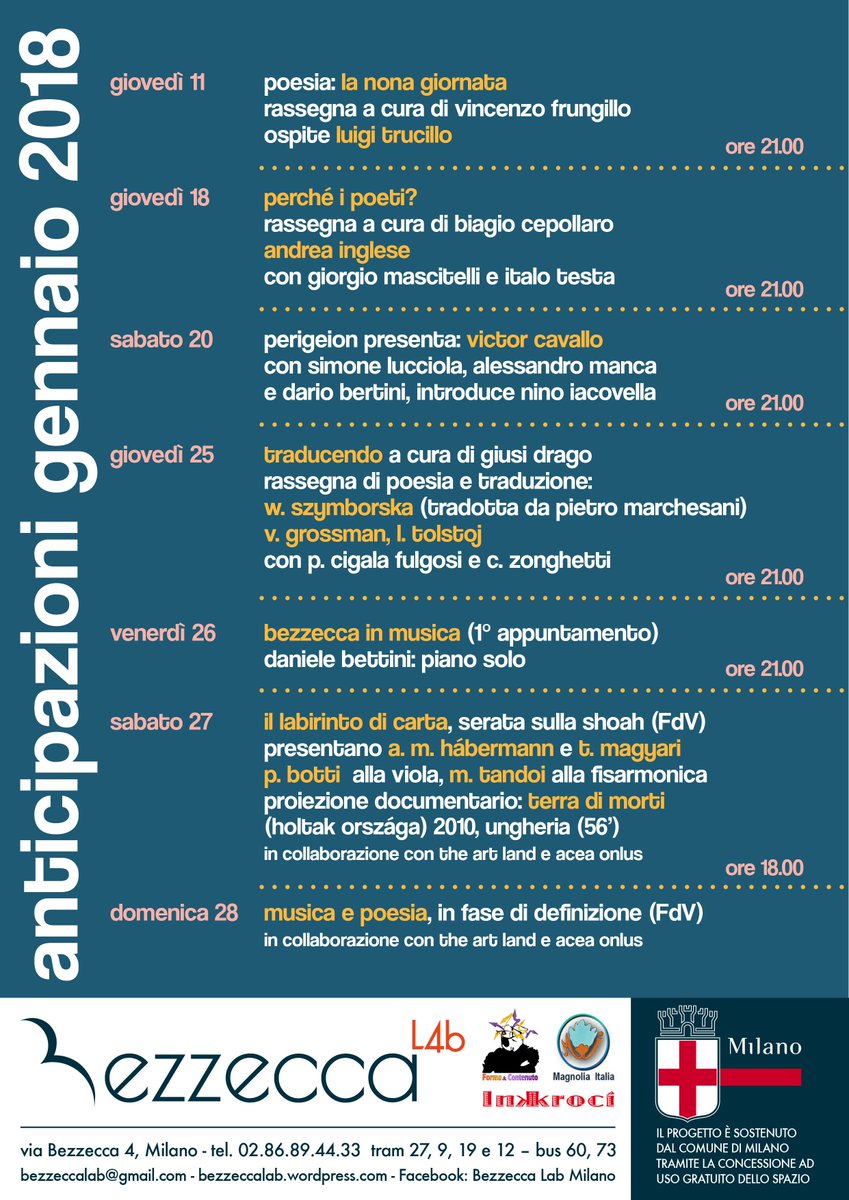 BezzeccaLab's tweet photo. Tutte le #anticipazioni di gennaio 2018 in #bezzeccalab! Per maggiori info: https://t.co/aK658v5URo #savethedate #eventi #cultura #laboratorioculturale #milano https://t.co/s0DRg3ZG77