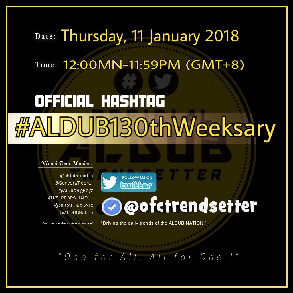 Pls support our OHT : #ALDUB130thWeeksary 
<a href="/ofctrendsetter/">TEAM OAT ᴬᴰᴺ</a>
<a href="/ALDUBNation/">ALDUBNation</a> @ALDUBNATIONNCR <a href="/AlDubBigBoyz/">AlDubForTheBigBoyzᴬᴰᴺ</a> <a href="/AlDubBigGirlz/">AlDubForTheBigGirlz™ᴬᴰᴺ</a>
@OFCALDubKoTo <a href="/aldubmaiden/">AlDub❤️MaiDen Org ᴬᴰᴺ</a> <a href="/TropALDUB/">TROPANG ALDUB ᴬᴰᴺ</a> @ALDUB_inARTeam
<a href="/SenyoraTidora_/">SENYORA TIDORA ᴬᴰᴺ</a> <a href="/KS_PROPSofAlDub/">ALDUB LIVING PROPS ᴬᴰᴺ</a> <a href="/WHairedFairy/">Periwinkle</a> <a href="/AIFam16/">Ang SALTIK Infinity</a> <a href="/imcr8d4u/">🇸🇦 Don Juan de Mculit™ 🇵🇭</a> <a href="/aldub_ME/">AL♥DUB Middle East</a> @BChanXL <a href="/NtKatara/">🌹ntkatara🌹™</a> <a href="/Glynnchen/">ALDUB_GER_Glynnchenᴬᴰᴺ</a>