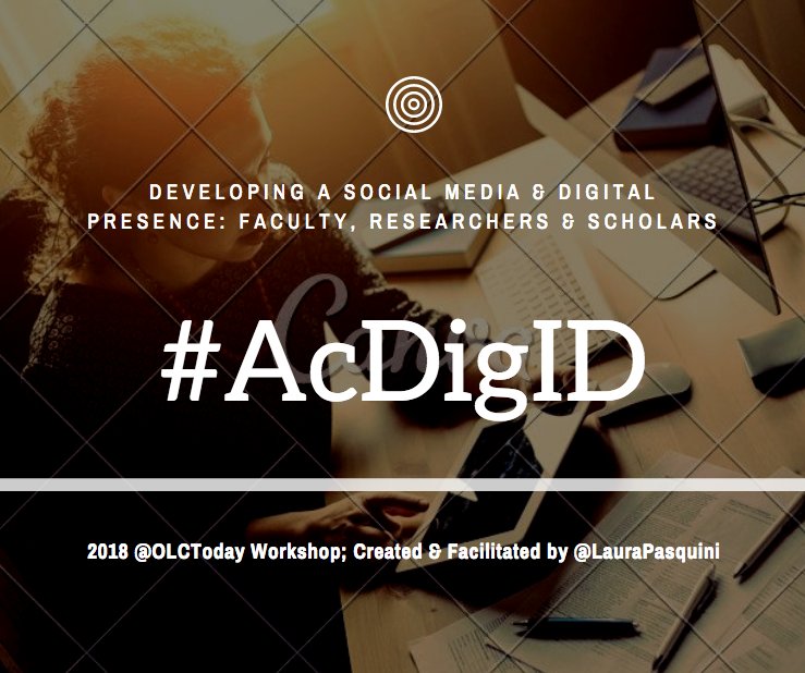 OLCToday's tweet image. Join OLC Instructor @Laurapasquini for a LIVE Twitter chat on Friday. Use the workshop hashtag, #AcDigID, to discuss ideas for being a networked scholar. 9am PT, 11am CT, 12pm ET.