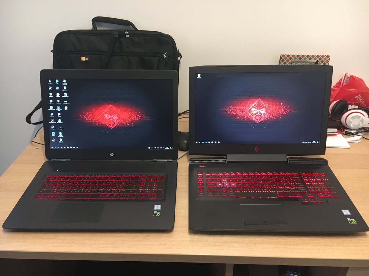 TimmyDeckers's tweet photo. The budget Omen (GTX 1050 4GB) meets the 120Hz G-Sync Omen (GTX 1060 6GB). Got the new gaming laptop. It’s much faster, bigger and more powerful. But also much heavier, and stylish. And most notably. Brighter screen. #omenbyhp https://t.co/NHrRqKTSXd