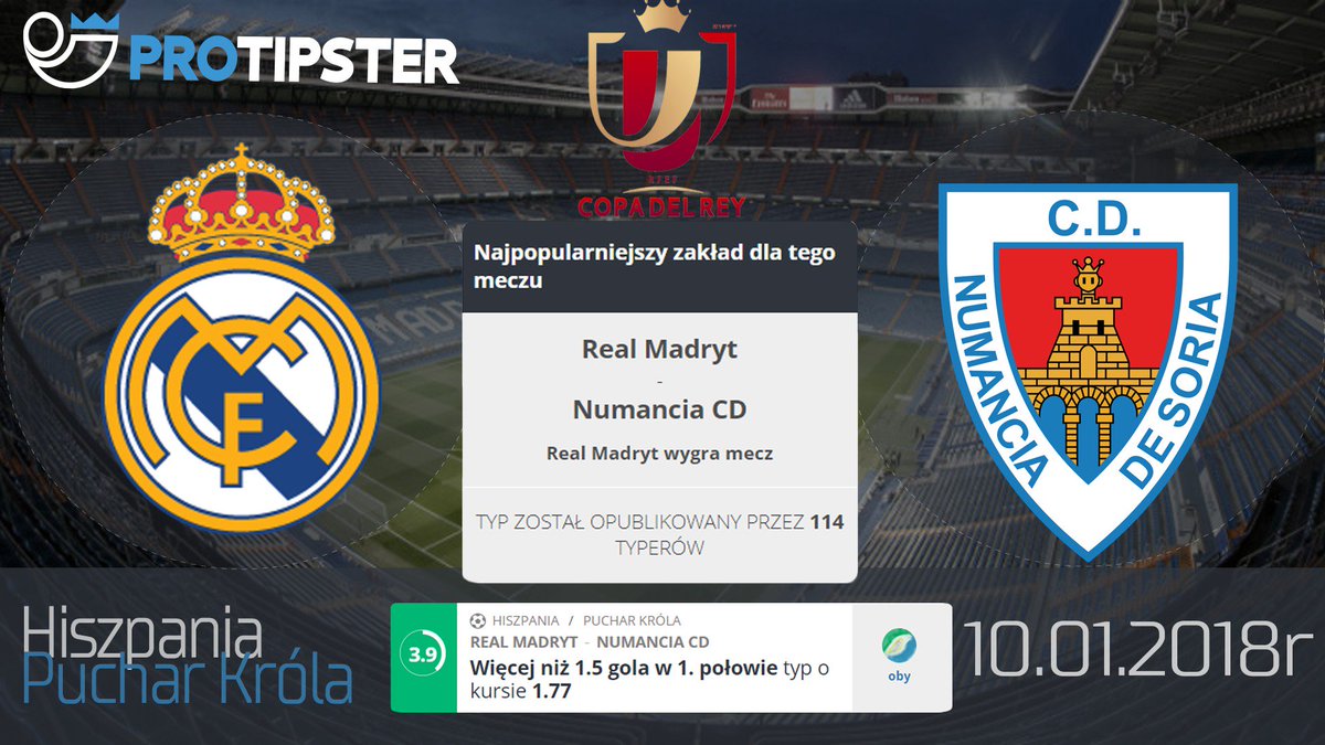 ProTipsterPL's tweet photo. #Typ na Hiszpański Puchar Króla Copa Del Rey pomiędzy #RealMadryt a #Numancia 10.01  
Lajkuj jeżeli podobają ci się takie tweety!
Link do typów https://t.co/LS5Ss2FELJ 
Więcej najlepszych typów https://t.co/G5K56pmDwv  
#CopaDelRey #typnapiłkę #typspotrowy #ProTipster #TypDnia https://t.co/lNEsRNZqAs