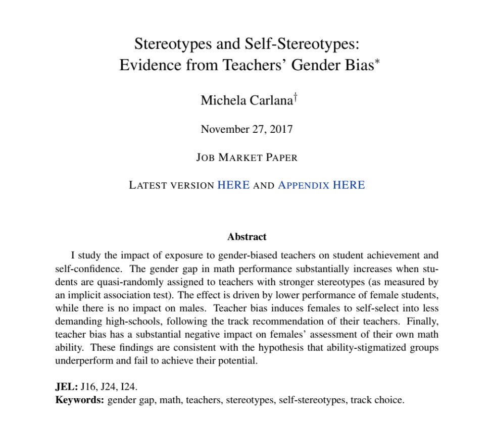 Really interesting paper on how teachers' biases can negatively impact female student performance in math classes  dropbox.com/s/b7zuneij7hns…