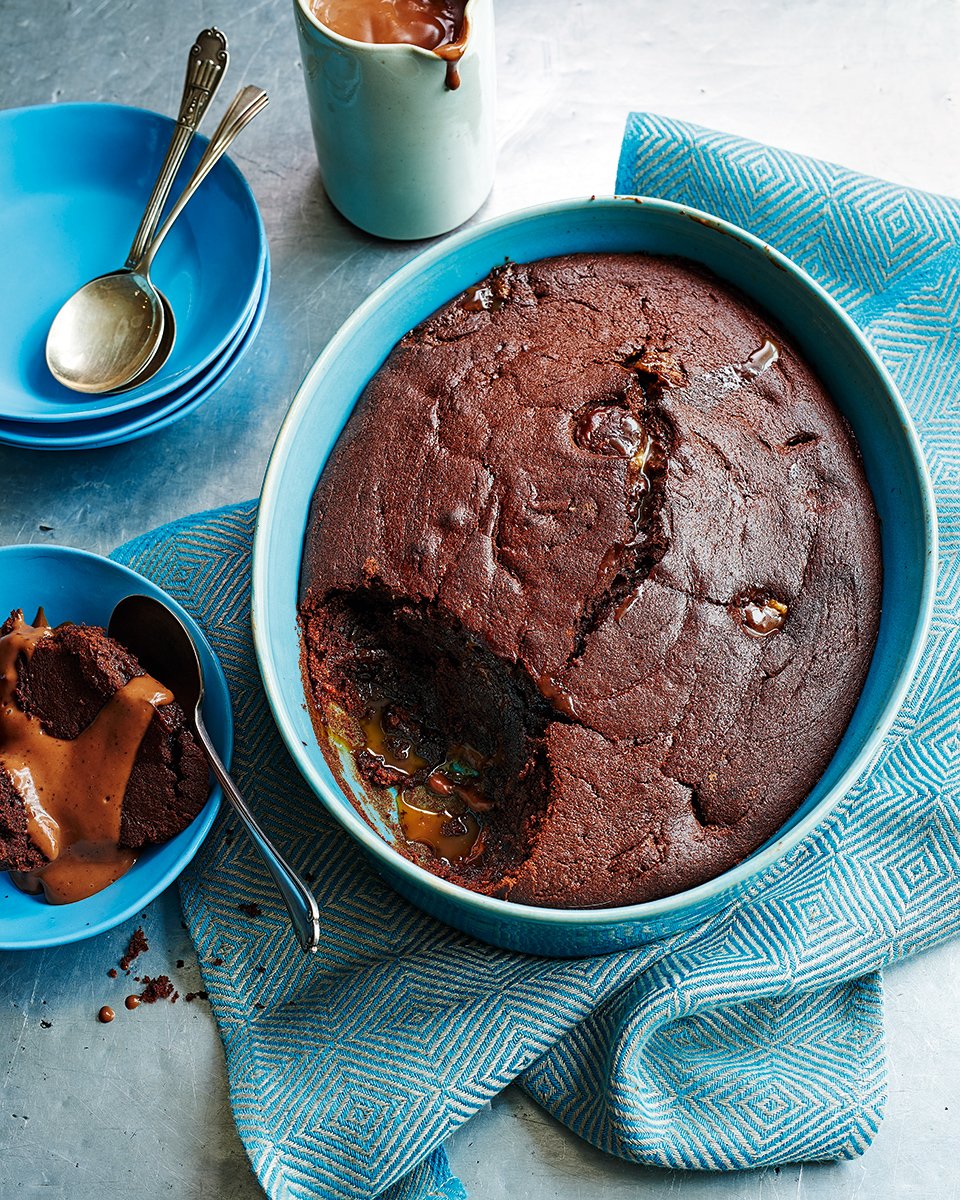 deliciousmag's tweet photo. Baked chocolate and caramel sponge pudding with chocolate custard. Dig into the middle with a big spoon for melty, caramel-y surprises... Recipe in our January issue. https://t.co/Y9KGgmZphg