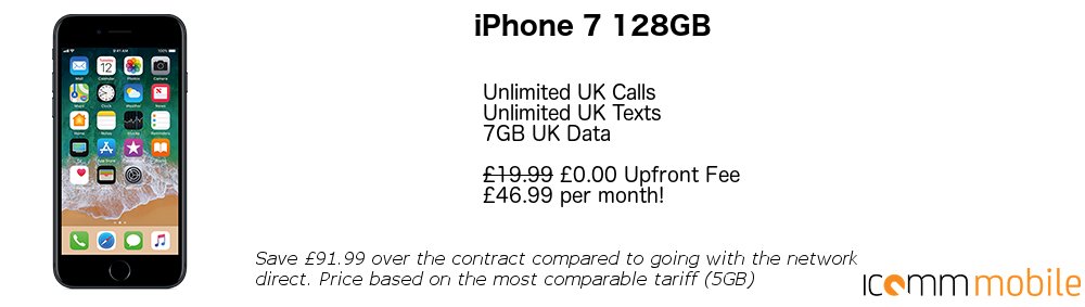 iCommMobile's tweet image. We still have stock of the iPhone 7 in every colour, now with an amazing tariff!
Save £91.99 over the 24 month contract with us compared to going with O2 directly!
For more info, please call 01604 537500 or email Daniel@icommmobile.co.uk
Terms and Conditions apply. #iPhone7 #o2