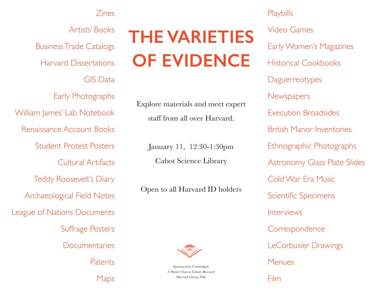 HarvardLibrary's tweet image. From A(rchaeological Field Notes) to Z(ines) - join us tomorrow (Jan 11) from 12:30pm-1:30pm in @cabotlibrary for a master class in library research. Open to all #Harvard ID holders. @HarvardGSAS #evidencebasedresearch #libraries