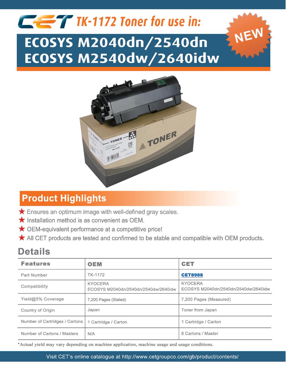 CETGroupCoLtd's tweet photo. NEW - TK-1172 Toner for use in KYOCERA ECOSYS machines! #MakeYourFutureColorful https://t.co/TuOy44c1g9