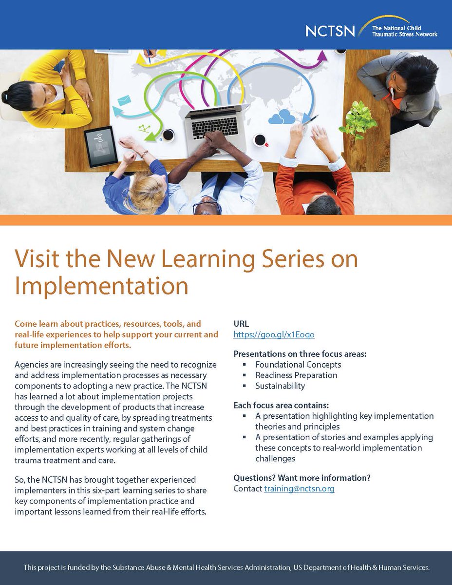 nctsn's tweet photo. NCTSN Learning Series on Implementation. Learn about practices, resources, tools, &amp; real-life experiences to help support current &amp; future implementation efforts. #Implementation #MentalHealth #SustainingPractices #SystemsChange #OrganizationalChange https://t.co/rXAZbNLFZm https://t.co/Dol4TEnR4c