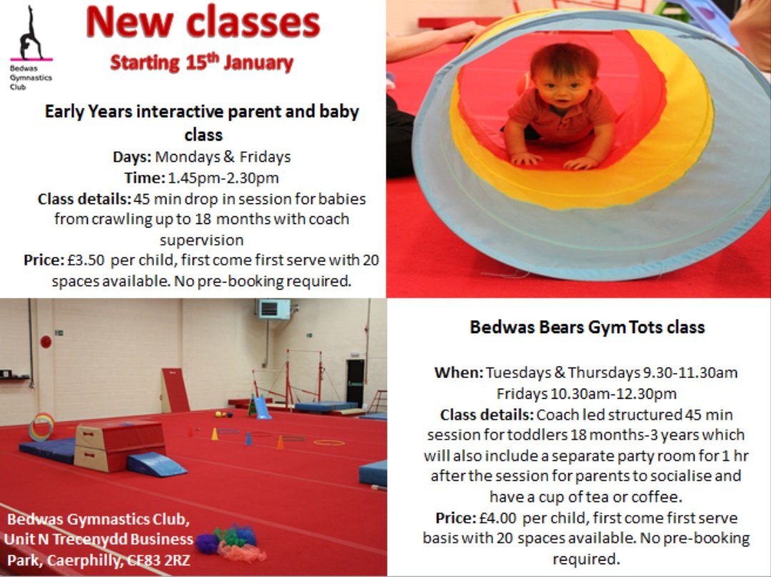 New day time classes starting next week with Wendy! No need to book just turn up 👍 Spaces are limited to 20 per class. #EarlyYears #GymTots #BedwasGC