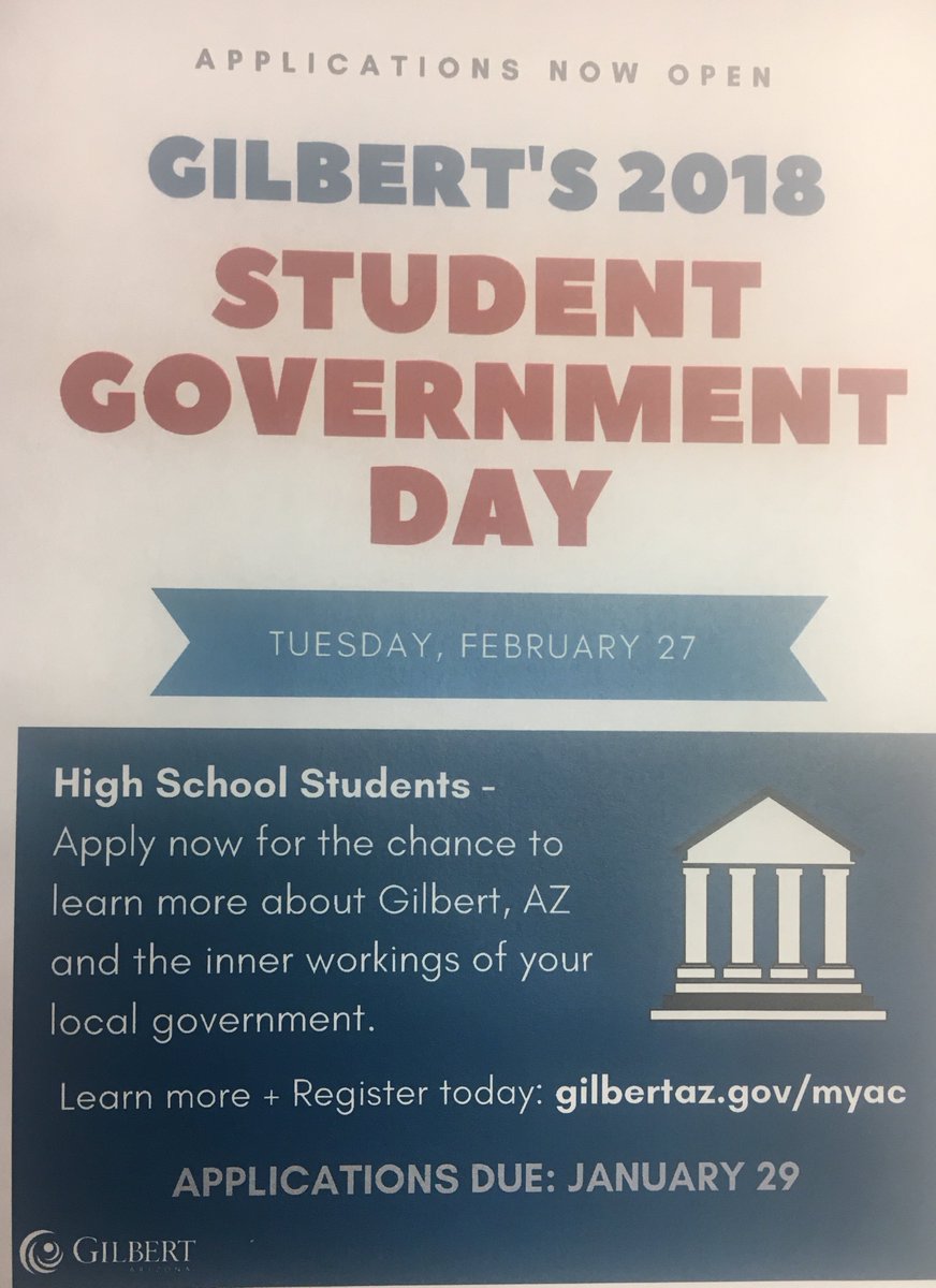 HHCareerCenter's tweet photo. Open to all grade levels 9-12. This is an opportunity for students to shadow a member of Gilbert's leadership team, examine the role of community organizations, and participate in a mock Town Council meeting. Please see Mrs. Smith for more info. @HUSDScholars1 @higleydistrict https://t.co/mY7DQIz93X
