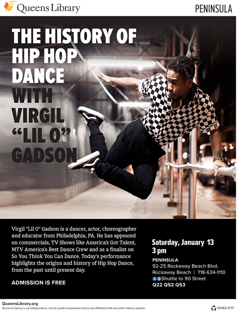 QPLNYC's tweet photo. Learn about the History of Hip Hop Dance with Virgil "Lil O" Gadson (@vgadson3) on Saturday, January 13 at #PeninsulaLibrary! https://t.co/6VA9F1jGfY #HipHop #QLHipHop #HipHopDance https://t.co/SA62t6dnZh
