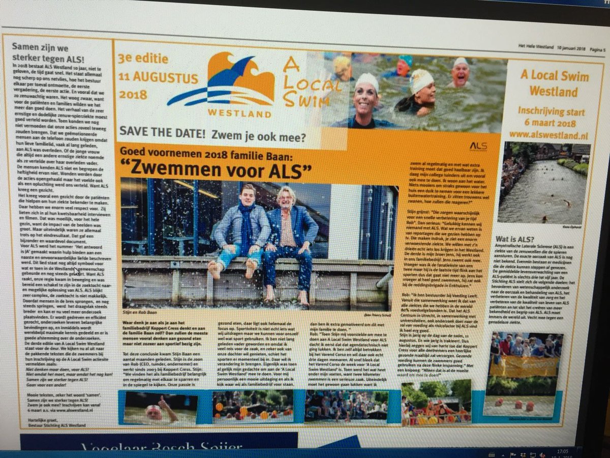 ALS_Westland's tweet photo. Deze week in @hethelewestland Zwemmen voor #ALS door fam Baan @koppertcress @rjpbaan #ALocalSwim zaterdag 11 AUG 2018. Zij zwemmen mee! https://t.co/409njHfgdS