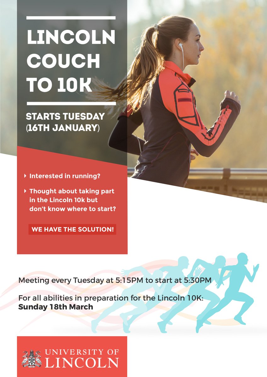 We welcome back the Couch to 10K. 
Organised runs lead by a qualified fitness running leader will be leaving the Sports Centre at 5:30pm. Runners of all abilities welcome as we lead up to the Lincoln 10K. Hope you have your running shoes and bottles at the ready!