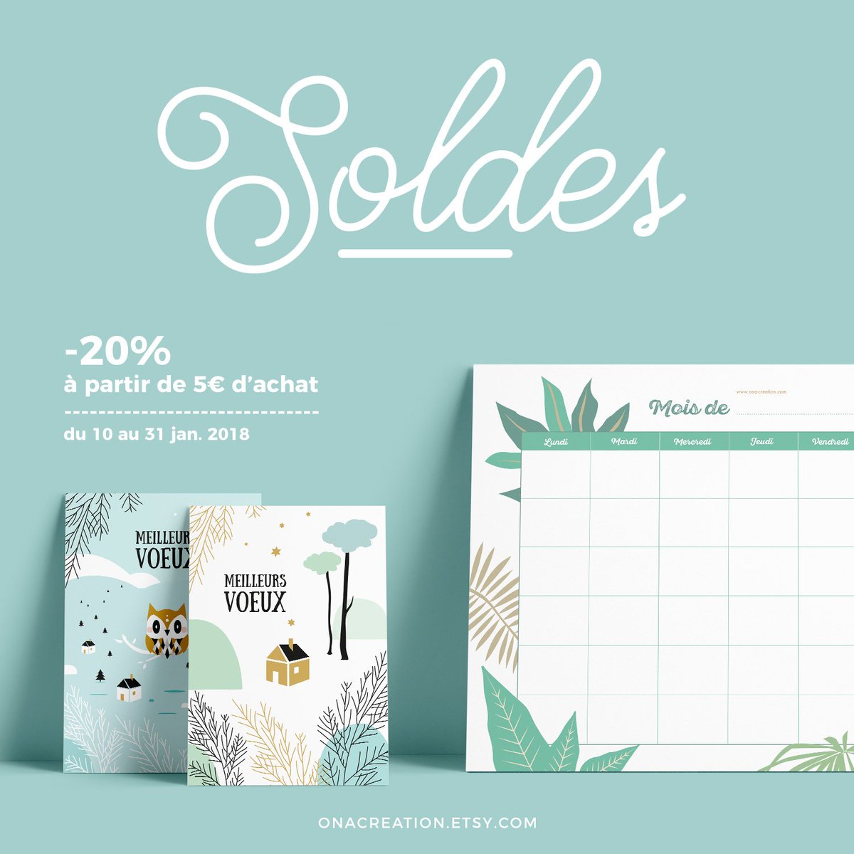 #SOLDES !! Du 10 au 31 janvier, on vous offre 20% de réduction sur votre commande dès 5€ d'achat => onacreation.etsy.com #Etsy #Sales #etsyshop