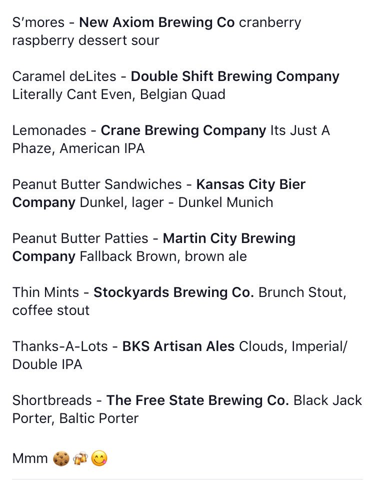 eleventhreeKC's tweet photo. As you might know, we did a Girl Scout cookie + local beer pairing. You can check past posts for more descriptions of the pairings, but here is a recap! 

Let me know if you’d like some Girl Scout cookies to do your own cookie + beer pairing!! You can order through tomorrow! https://t.co/HdXioPwpzr