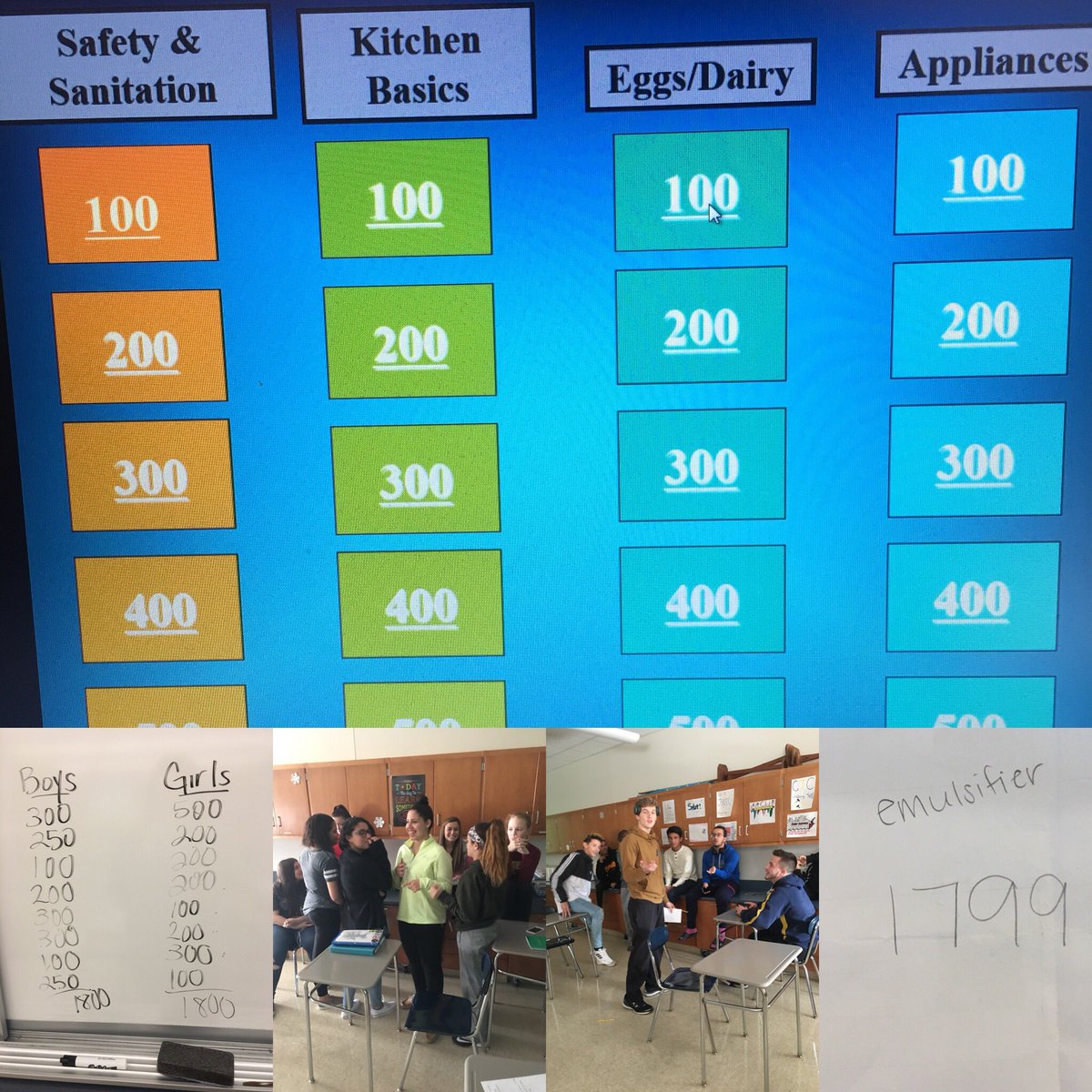TaraPacharis's tweet photo. Extremely competitive review game of jeopardy for the family foods students today in order to prepare them for their midterm. The boys came out victorious and walked away with the “W” this time. Way to go guys!!! #CriticalThinkingWednesday https://t.co/pk3k5d69MU