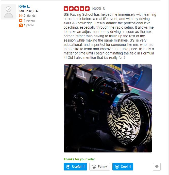 SSiRacingTeam's tweet photo. A wonderful Yelp testimonial from our newest driver utilizing our mobile simulation race driver training program Kyle Loh!

For more information on SSi Racing School's Mobile Training Simulator - email: info@ssi-racingschool.com https://t.co/mmV7eHw0hd