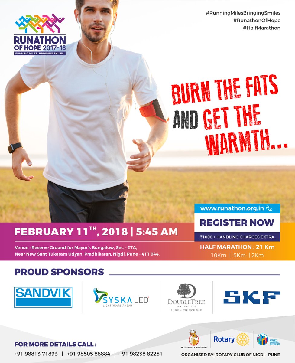 RunathonofHope's tweet photo. The #winter is chilling. #Exercise is the best way of gaining the warmth you require. #Build #health & prepare for the event as well...
Visit: https://t.co/FbGcKvKlPr
Event Date: 11th Feb 2018
#HalfMarathon #runathonofhope #RunningMilesBringingSmiles #Pune #PCMC #Running #January https://t.co/6F8pxYWu2g
