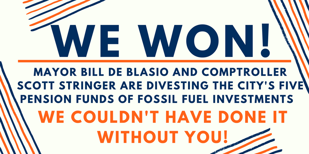VICTORY!! New York City is divesting from fossil fuels!! This happened after years of hard work of our members and passionate advocates! It's just the beginning! #DivestNY <a href="/350/">350 dot org</a> <a href="/ALIGNny/">ALIGN</a> <a href="/NYCComptroller/">Office of New York City Comptroller Brad Lander</a> <a href="/TishJames/">Tish James</a>