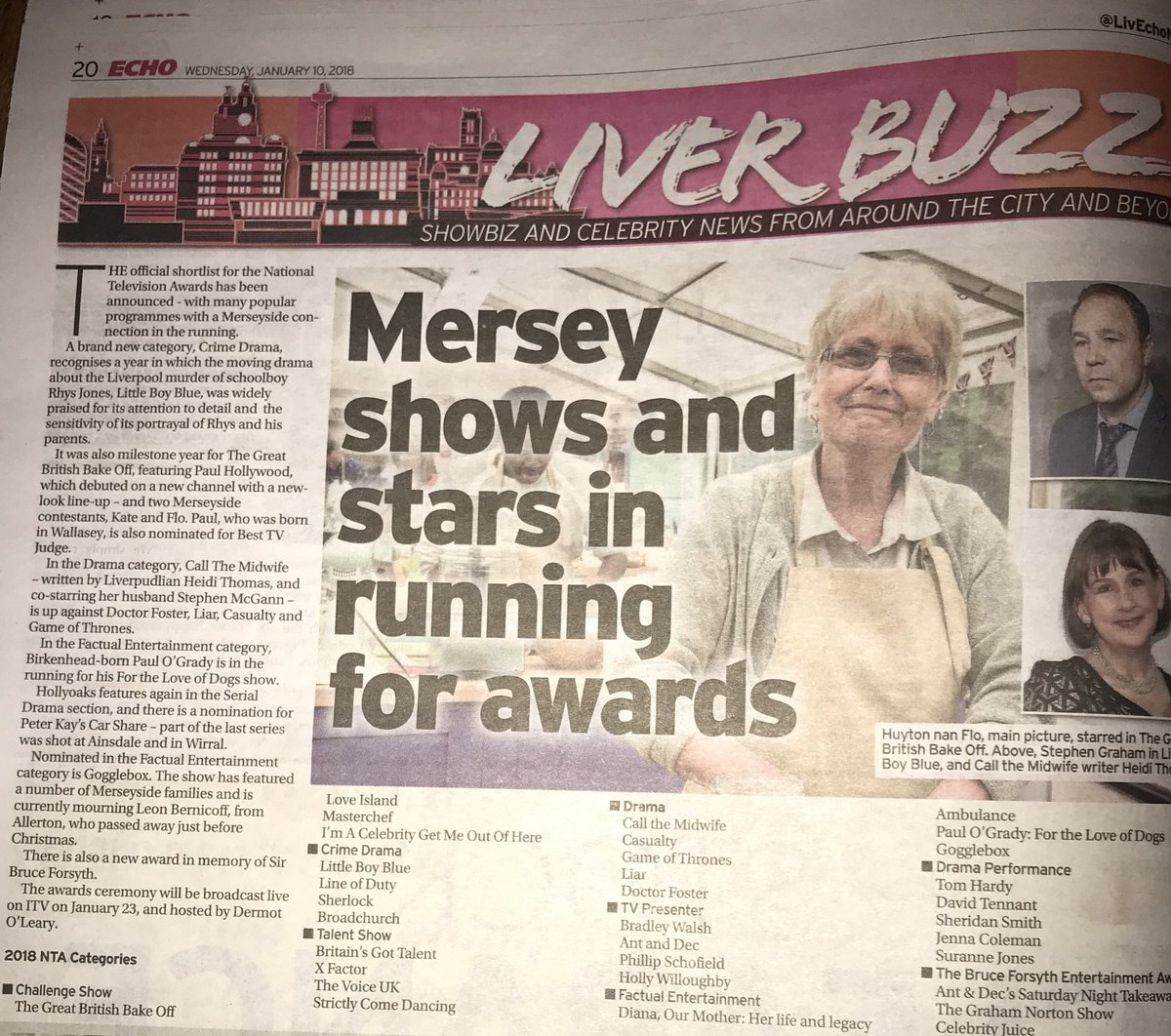 flo_atkins17's tweet photo. Look what I found whilst I was reading @LivEchonews today 😀 best of luck to @BritishBakeOff and @PaulHollywood also good luck to my fellow scouser’s that are nominated ❤️👍 #GBBO #NTAs #NTA https://t.co/YRfrxl0oXM