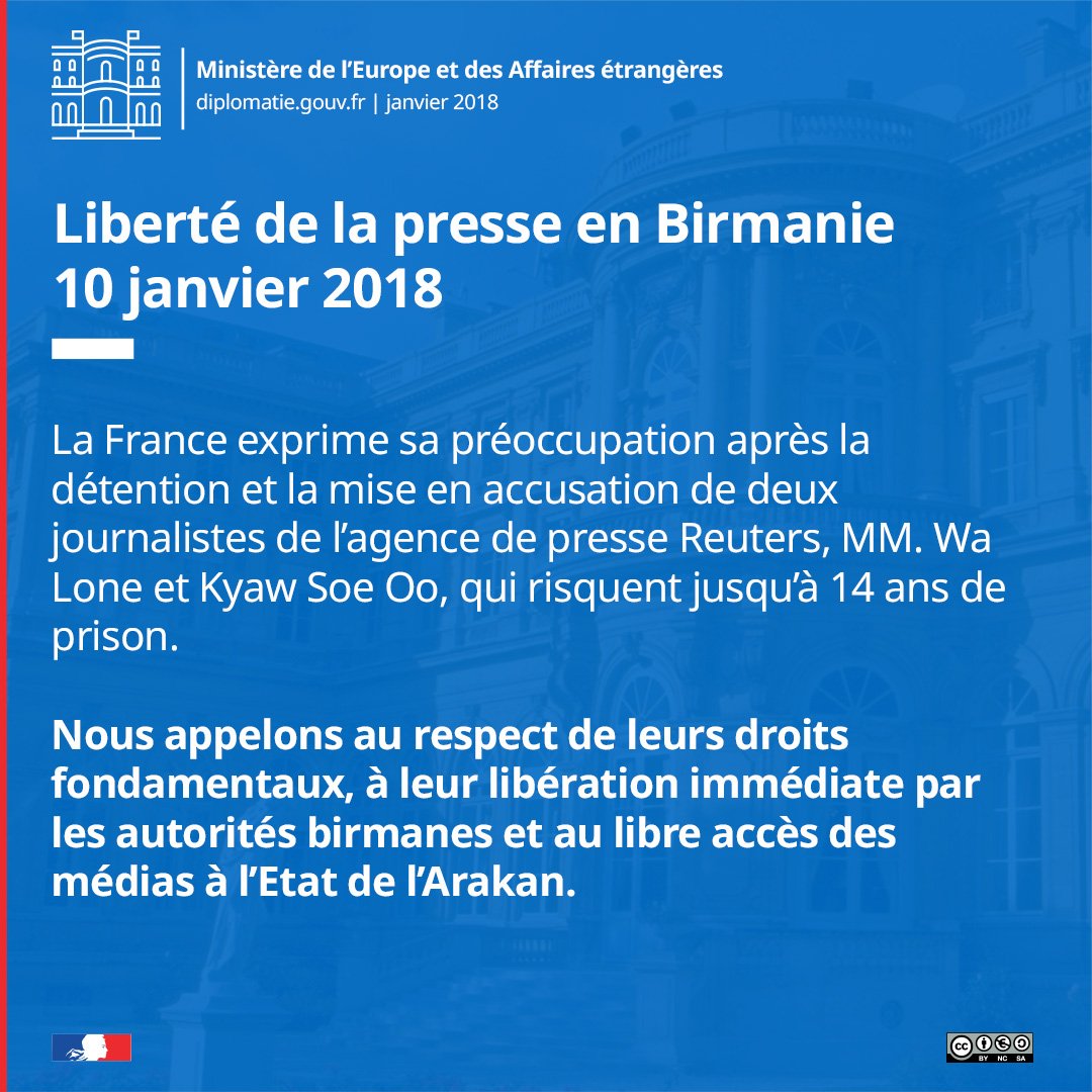 francediplo's tweet photo. Détention de deux journalistes @Reuters en #Birmanie : la France rappelle que le respect des libertés de la presse et d'expression constitue l’un des fondements de toute société démocratique.
#LibertéDeLaPresse
https://t.co/P9wySgKflY https://t.co/QL1AqFzZD9