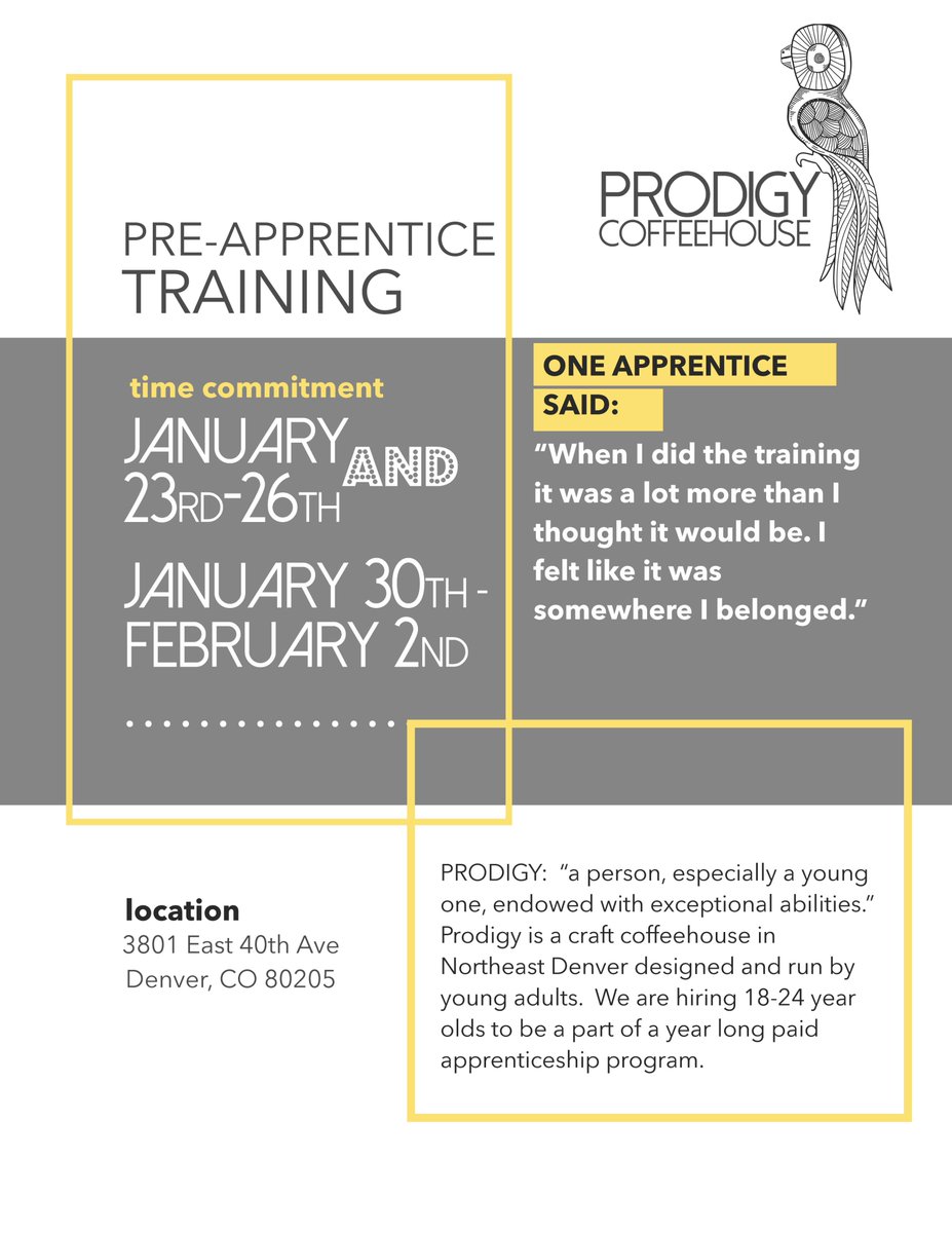 GEDPlusDenver's tweet photo. Paid apprenticeship with Prodigy Coffee House! Apply and learn more https://t.co/w1WJ9nJjLc #EGHS #GEDPlusDenver #GoodwillDenver #ProdigyCoffeeHouse https://t.co/QmCTz7n8Ra
