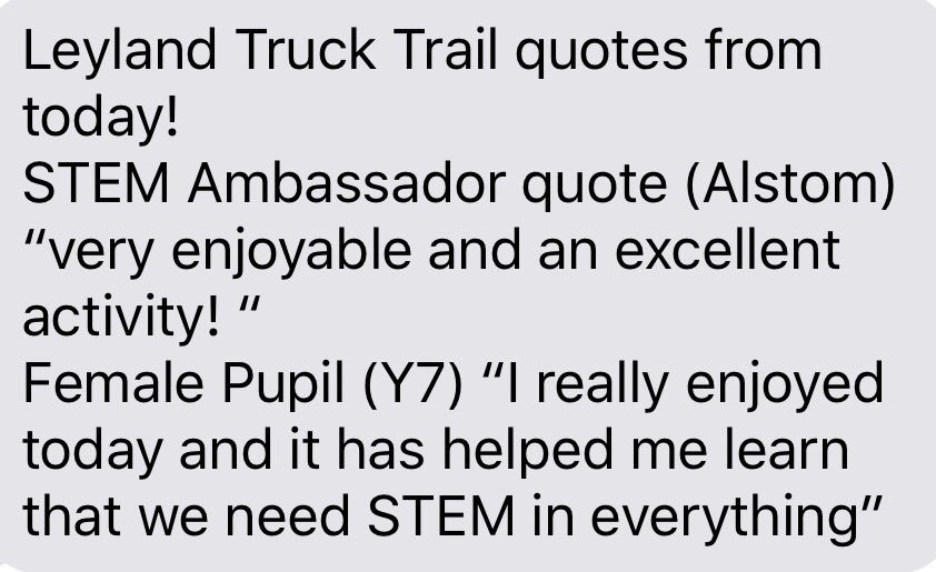 Fab quotes from schools &amp; <a href="/STEMAmbassadors/">STEM Ambassadors</a> -4 our <a href="/TheTruckTrail/">Leyland Truck Trail</a> STEM <a href="/olchspreston/">OLCHS</a> <a href="/ParboldDouglas/">Parbold Douglas CE Academy</a> - thanks <a href="/southribblebc/">South Ribble Borough Council</a> <a href="/careers_inspire/">Rachel Brickell</a>