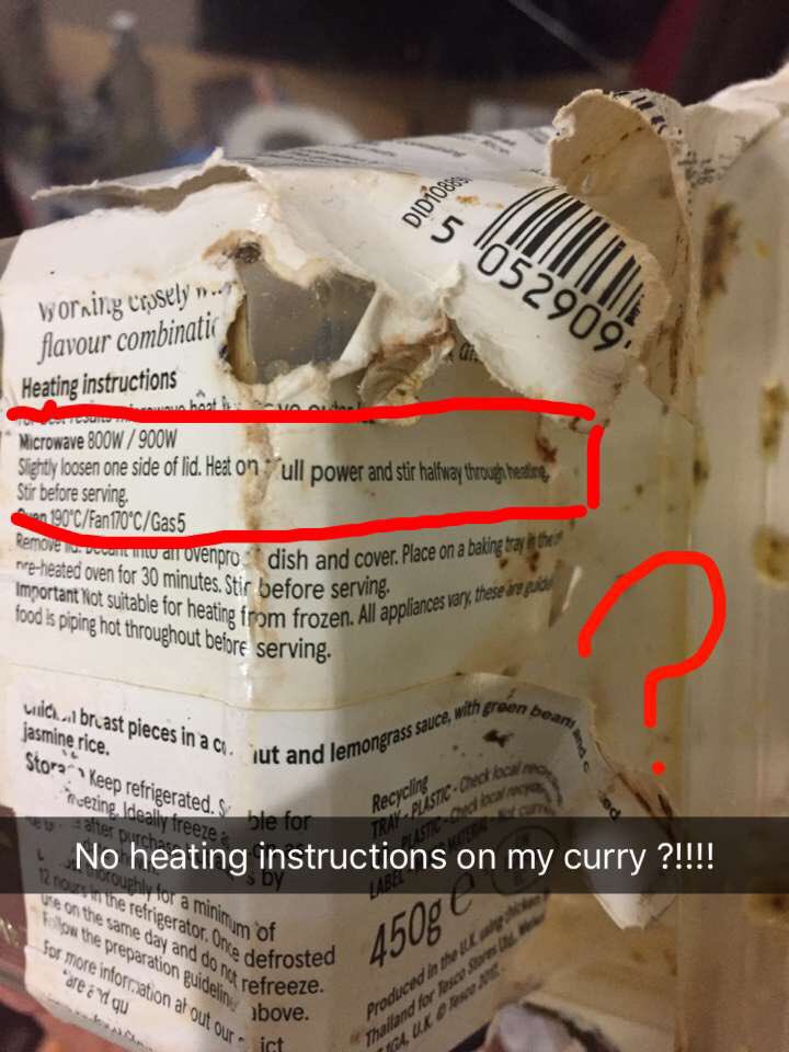 david_tran3's tweet photo. Very strange experience. My Tesco Thai Green Curry microwave meal didn’t have any instructions on how long to microwave for. I went for a bold estimate of 4.5 minutes. A confused customer. #Tesco @Tesco @tesconews what will Tesco’s customer response be, I wonder? #consumersafety https://t.co/dYQqpQRnMx