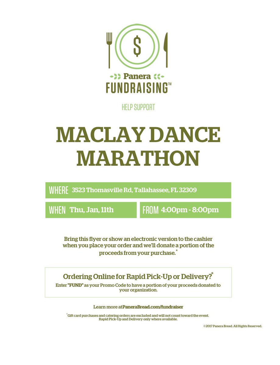 dmatmaclay's tweet photo. Maclay peeps!! Show a printed flyer or electronic version of this poster to a Panera cashier and a portion of the proceeds from your purchase will be donated to Maclay’s Dance Marathon!!! DONT FORGET: tomorrow from 4pm to 8pm!! Lets do this!!! #panera #ftk #marauders 🎉🎉🎉🎉 https://t.co/pLNhB74khK