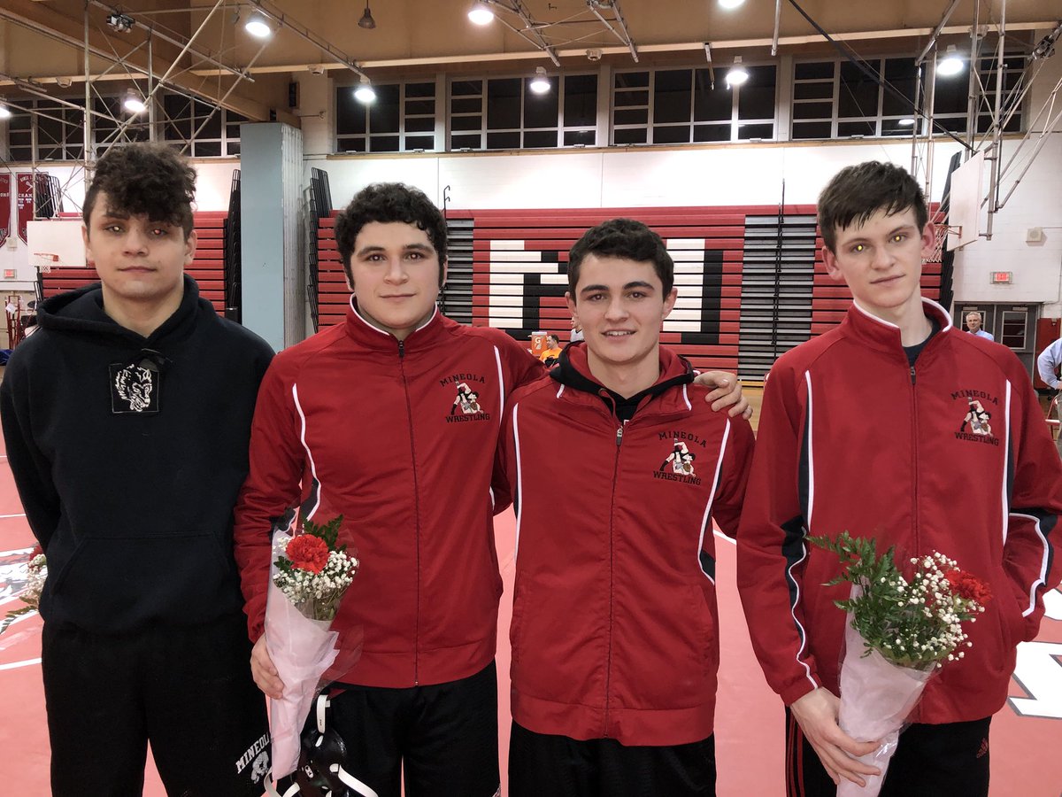 Congratulations to our senior wrestlers Edwin, Michael, Ryan, and Vincent! 🤼‍♀️ 🔴⚪️ #MineolaProud