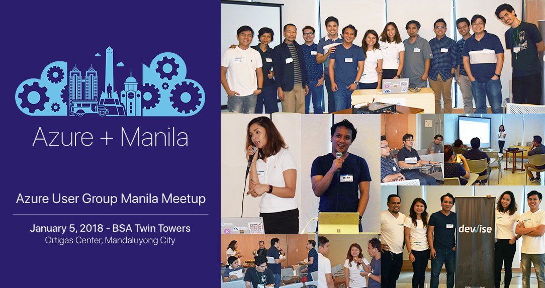 Marilag Dimatulac on Twitter: "I just started Azure User Group Manila. Had so much fun hosting the first meetup. Great way to start 2018 #MSAzureManila #Azure #AzugMnl… https://t.co/UqvzQcImrY"