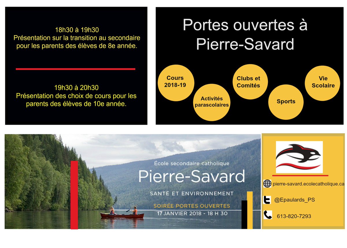 17 janvier de 18:30 à 20:30- Soirée "Portes ouvertes" pour tous les parents de l'école. Kiosques d'information sur les cours offerts au secondaire, les clubs et comités, les activités sportives et culturelles et la vie étudiante. Venez nous voir!