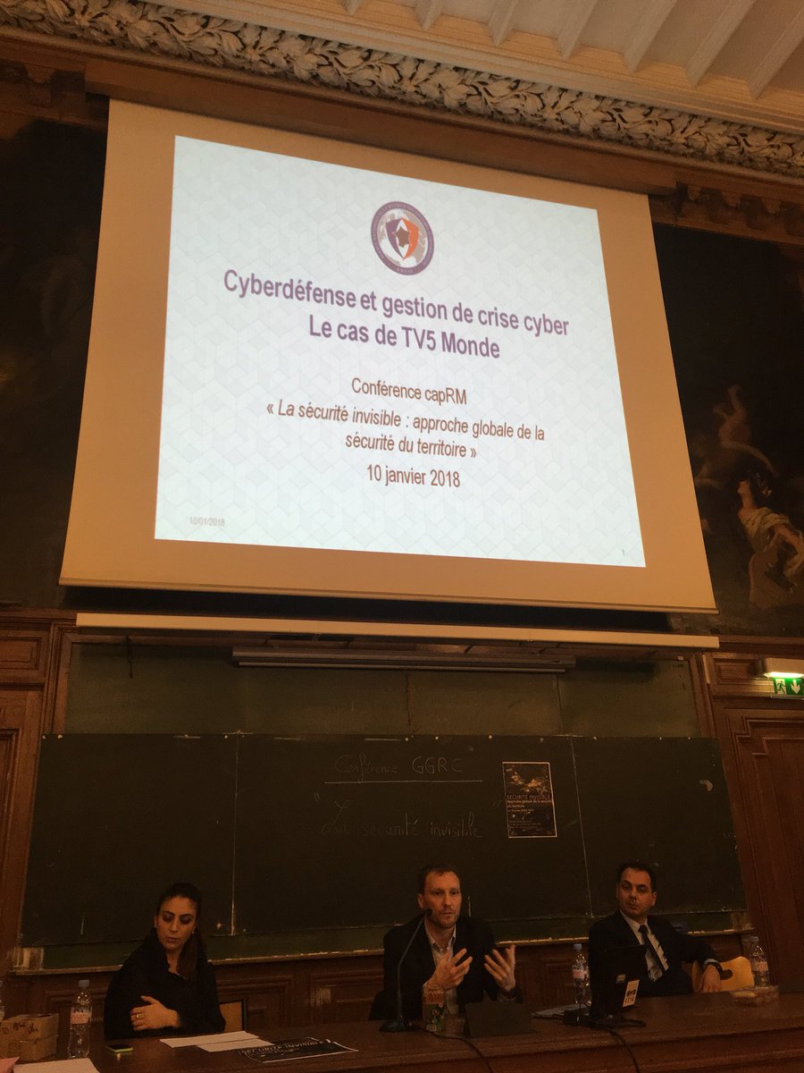 CarolineSaisou's tweet photo. #confGGRC au tour du #cyber avec l’intervention de @gchereau de l’@ANSSI_FR qui reviendra sur la crise cyber qu’a connue @TV5MONDE #RETEX https://t.co/hniXASEWtp