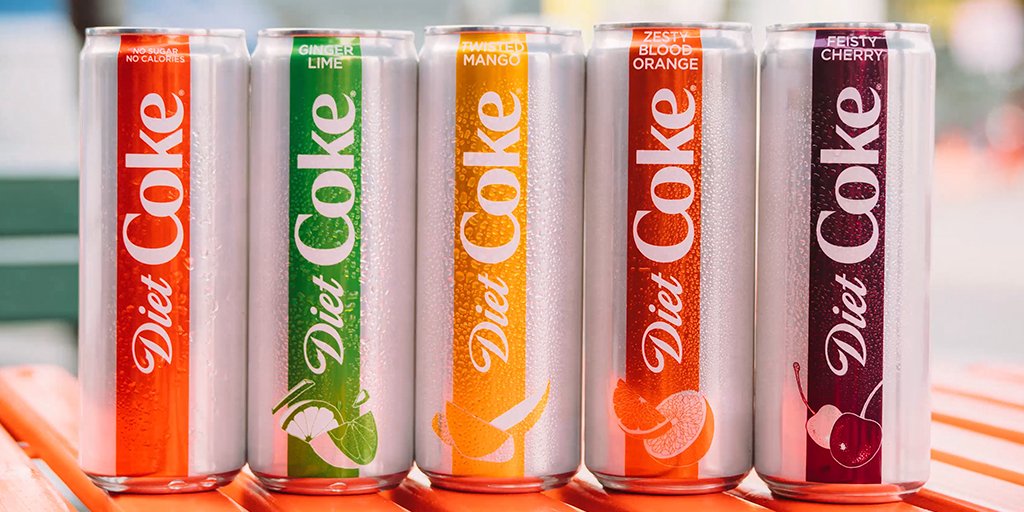 DietCoke's tweet photo. same great taste + four fizzing delicious new flavors. 💚💛❤️️💜 https://t.co/EvbdLf5vFO