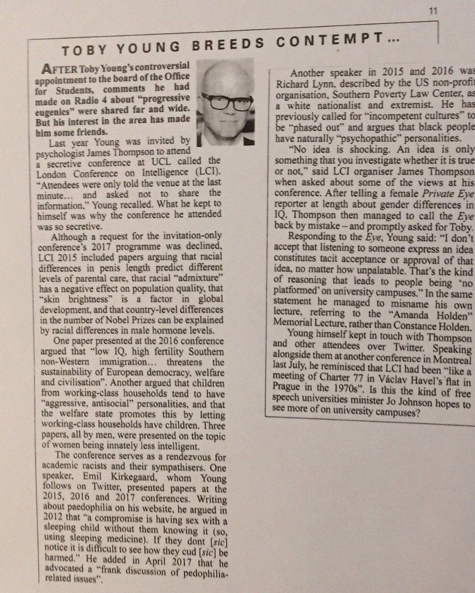 paullewismoney's tweet image. So it wasn't "the one-sided caricature from his armchair critics" but this stunning revelation in Private Eye about Toby Young that would surely have got him sacked. He attended a recent secret eugenics conference with neo-nazis and paedophiles (c) Private Eye